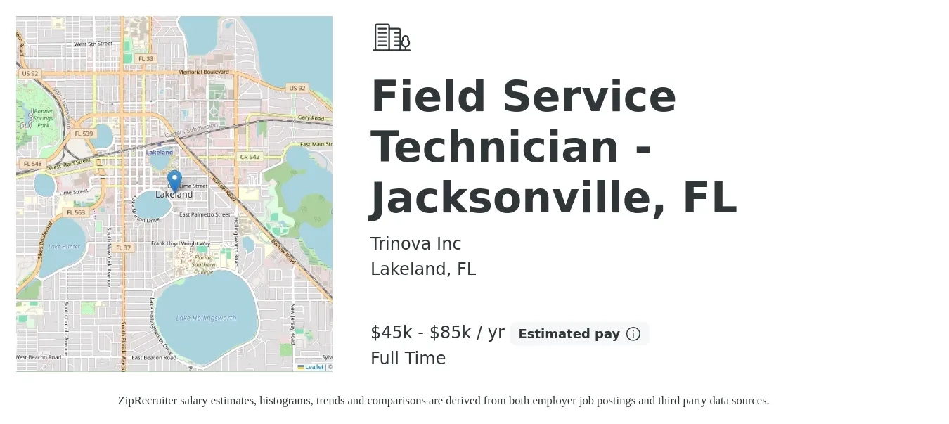 Trinova Inc job posting for a Field Service Technician - Jacksonville, FL in Lakeland, FL with a salary of $45,000 to $85,000 Yearly with a map of Lakeland location.