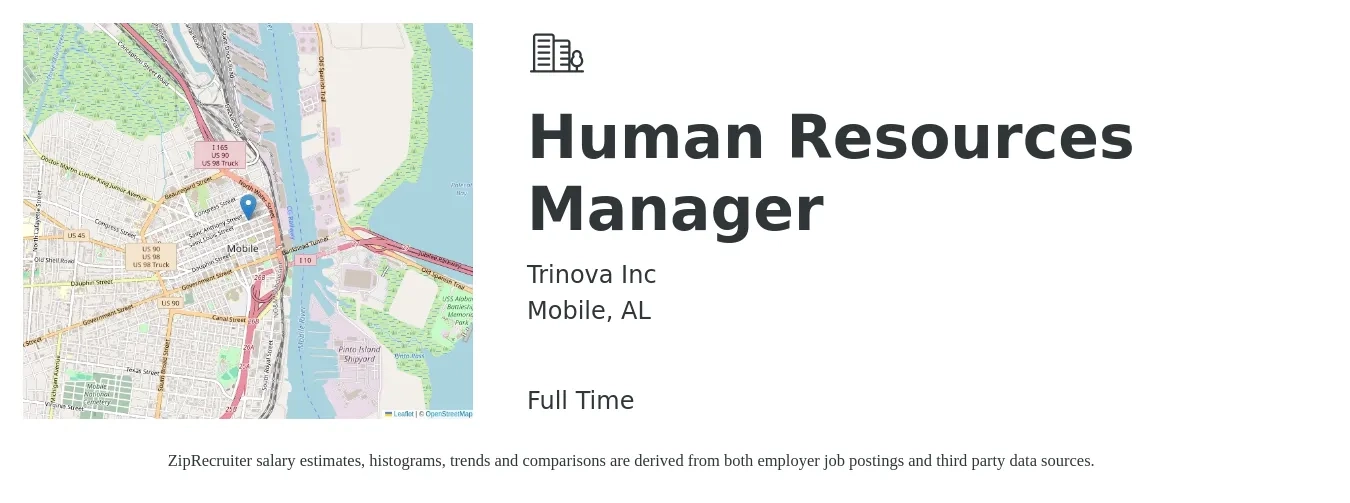 Trinova Inc job posting for a Human Resources Manager in Mobile, AL with a salary of $58,600 to $84,900 Yearly with a map of Mobile location.