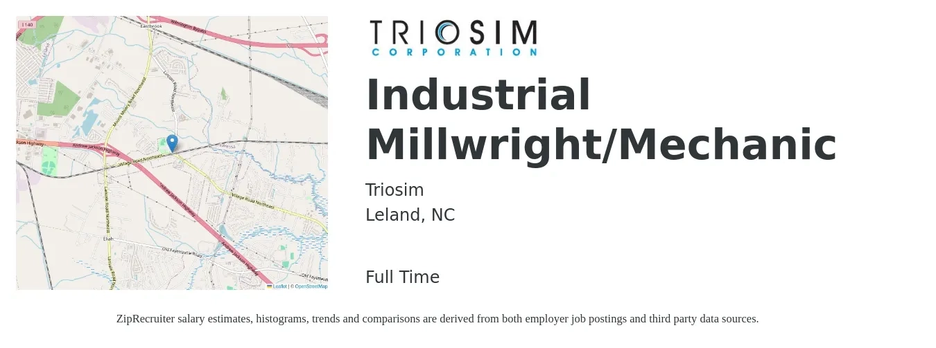 Triosim job posting for a Industrial Millwright/Mechanic in Leland, NC with a salary of $23 to $29 Hourly with a map of Leland location.