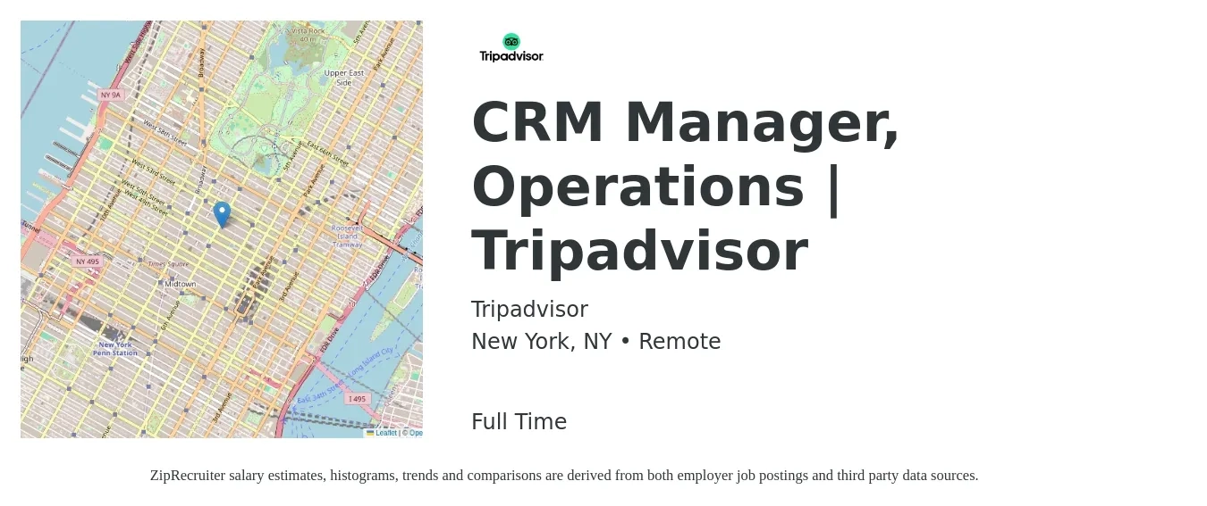 Tripadvisor job posting for a CRM Manager, Operations | Tripadvisor in New York, NY with a salary of $44,900 to $84,800 Yearly with a map of New York location.