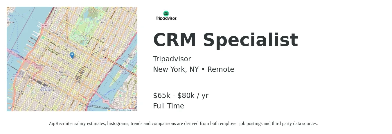 Tripadvisor job posting for a CRM Specialist in New York, NY with a salary of $65,000 to $80,000 Yearly with a map of New York location.