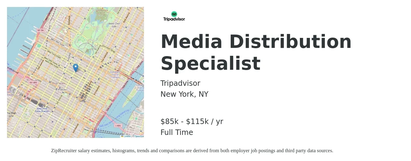 Tripadvisor job posting for a Media Distribution Specialist in New York, NY with a salary of $85,000 to $115,000 Yearly with a map of New York location.