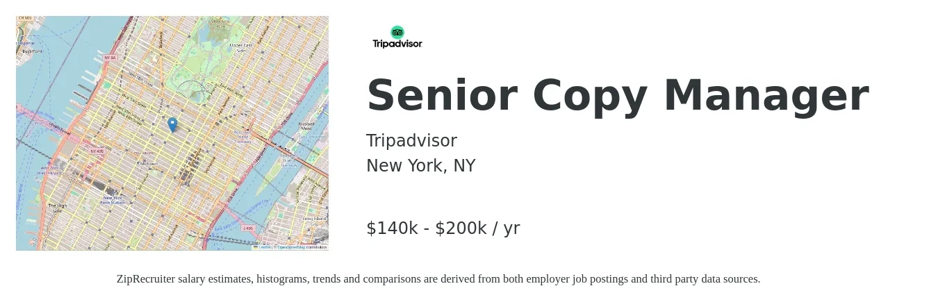 Tripadvisor job posting for a Senior Copy Manager in New York, NY with a salary of $140,000 to $200,000 Yearly with a map of New York location.