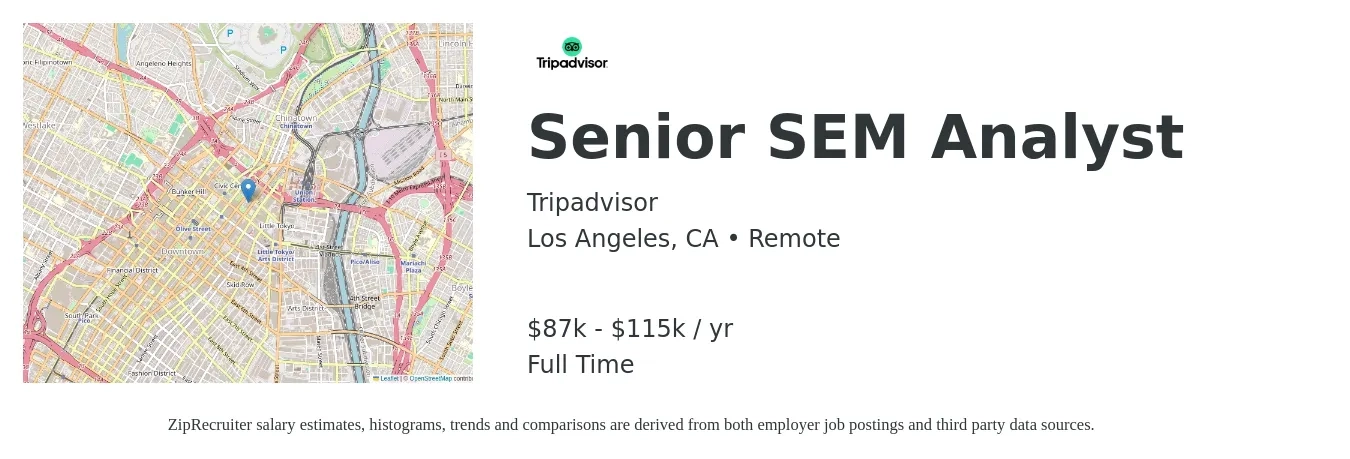 Tripadvisor job posting for a Senior SEM Analyst in Los Angeles, CA with a salary of $87,000 to $115,000 Yearly with a map of Los Angeles location.
