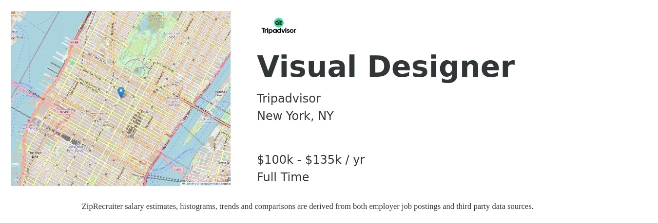 Tripadvisor job posting for a Visual Designer in New York, NY with a salary of $100,000 to $135,000 Yearly with a map of New York location.