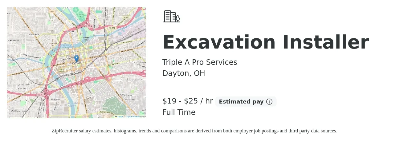 Triple A Pro Services job posting for a Excavation Installer in Dayton, OH with a salary of $20 to $26 Hourly with a map of Dayton location.