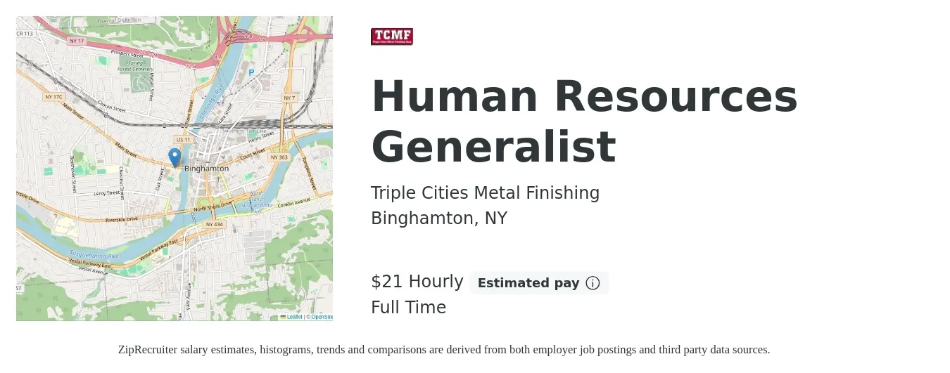 Triple Cities Metal Finishing job posting for a Human Resources Generalist in Binghamton, NY with a salary of $22 Hourly with a map of Binghamton location.