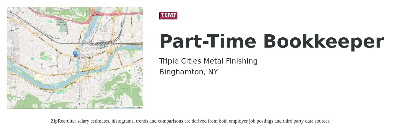 Triple Cities Metal Finishing job posting for a Part-Time Bookkeeper in Binghamton, NY with a salary of $18 to $20 Hourly with a map of Binghamton location.