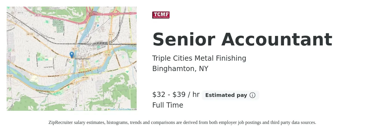 Triple Cities Metal Finishing job posting for a Senior Accountant in Binghamton, NY with a salary of $70,000 to $90,000 Yearly with a map of Binghamton location.