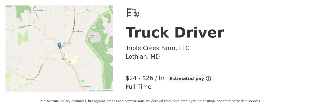 Triple Creek Farm, LLC job posting for a Truck Driver in Lothian, MD with a salary of $25 to $28 Hourly with a map of Lothian location.