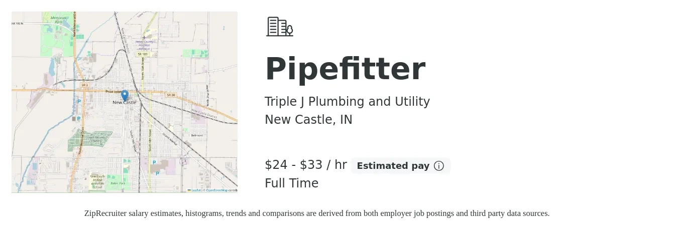 Triple J Plumbing and Utility job posting for a Pipefitter in New Castle, IN with a salary of $25 to $35 Hourly with a map of New Castle location.