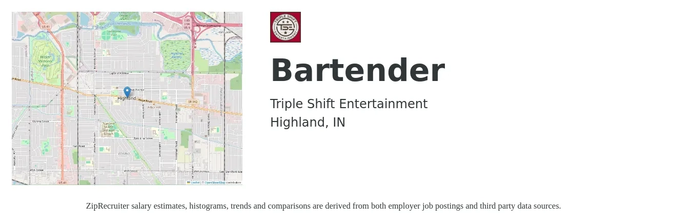 Triple Shift Entertainment job posting for a Bartender in Highland, IN with a salary of $9 to $17 Hourly with a map of Highland location.