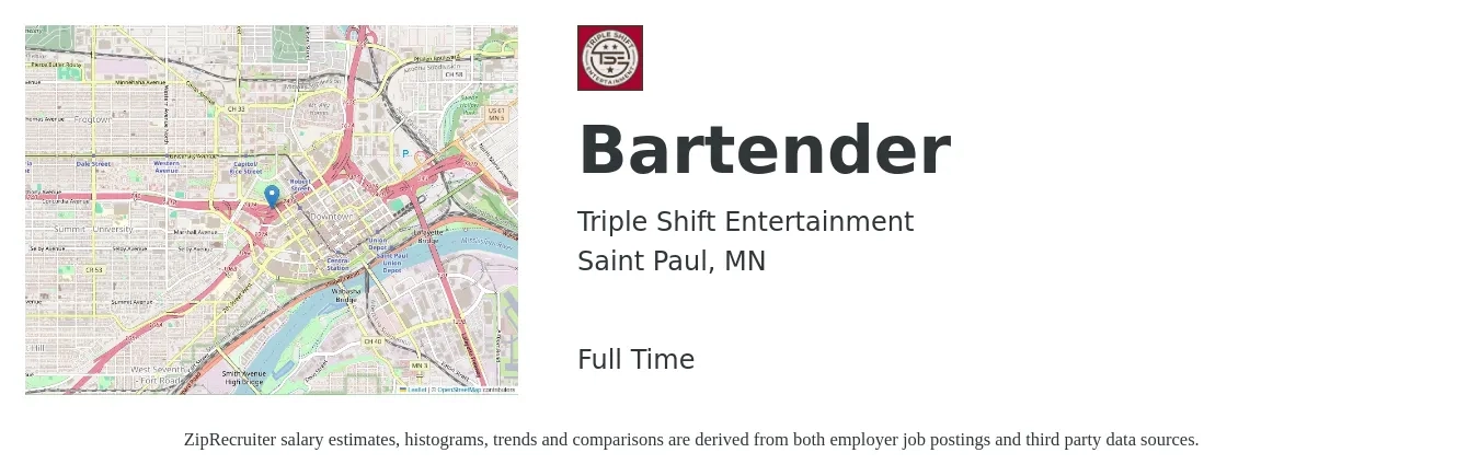 Triple Shift Entertainment job posting for a Bartender in Saint Paul, MN with a salary of $10 to $19 Hourly with a map of Saint Paul location.