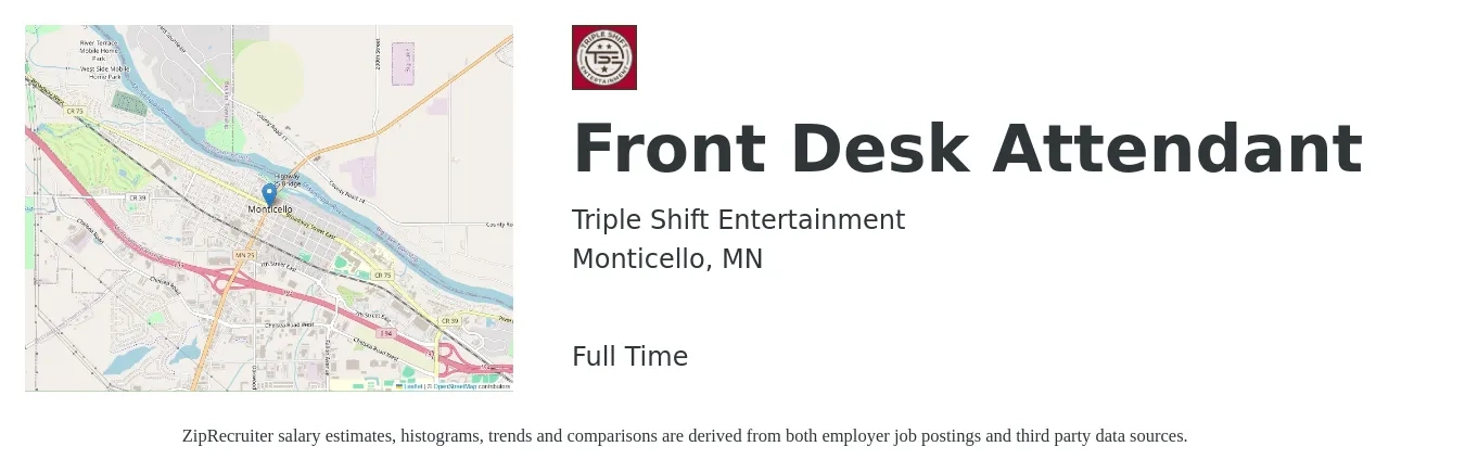 Triple Shift Entertainment job posting for a Front Desk Attendant in Monticello, MN with a salary of $14 to $18 Hourly with a map of Monticello location.