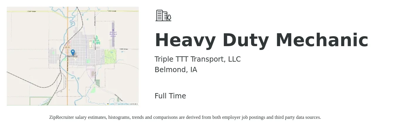 Triple TTT Transport, LLC job posting for a Heavy Duty Mechanic in Belmond, IA with a salary of $20 to $30 Hourly with a map of Belmond location.