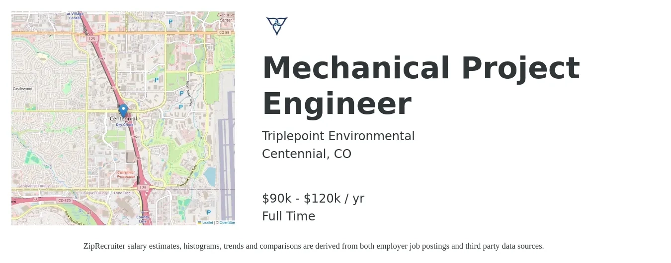 Triplepoint Environmental job posting for a Mechanical Project Engineer in Centennial, CO with a salary of $90,000 to $120,000 Yearly with a map of Centennial location.