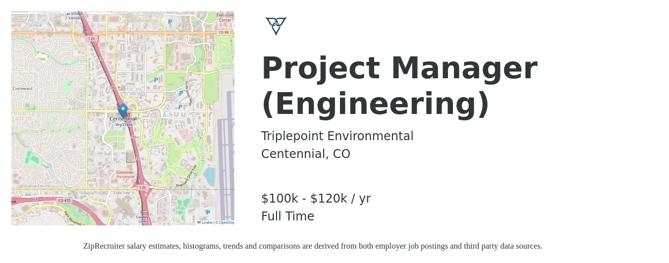 Triplepoint Environmental job posting for a Project Manager (Engineering) in Centennial, CO with a salary of $100,000 to $120,000 Yearly with a map of Centennial location.