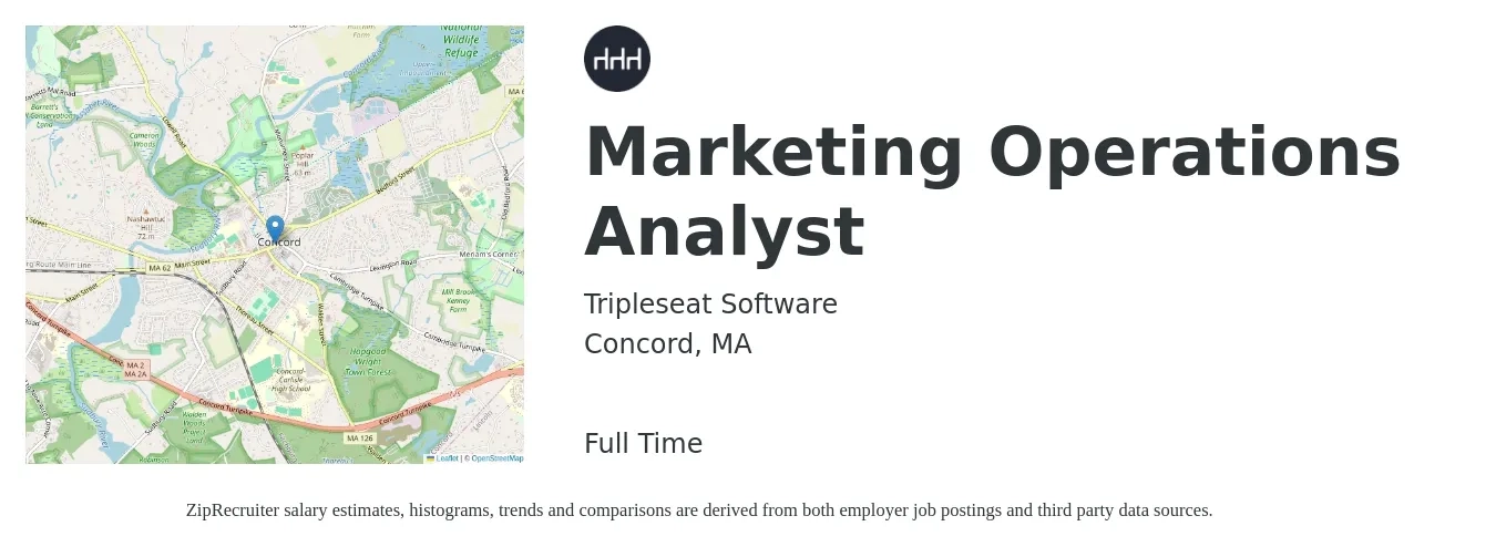 Tripleseat Software job posting for a Marketing Operations Analyst in Concord, MA with a salary of $31 to $37 Hourly with a map of Concord location.