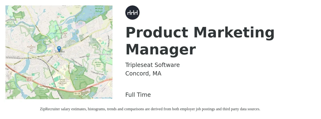 Tripleseat Software job posting for a Product Marketing Manager in Concord, MA with a salary of $168,500 Yearly with a map of Concord location.