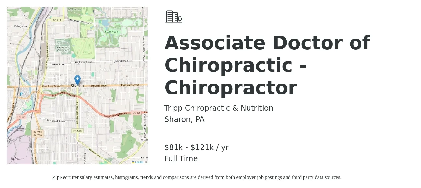 Tripp Chiropractic & Nutrition job posting for a Associate Doctor of Chiropractic - Chiropractor in Sharon, PA with a salary of $81,000 to $121,000 Yearly with a map of Sharon location.