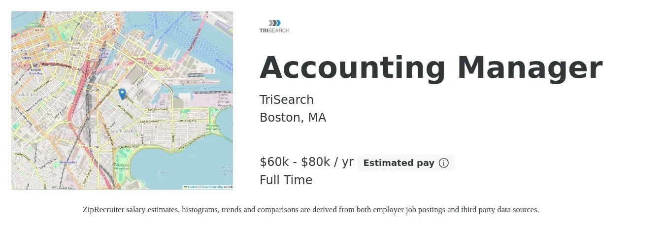 TriSearch job posting for a Accounting Manager in Boston, MA with a salary of $60,000 to $80,000 Yearly with a map of Boston location.
