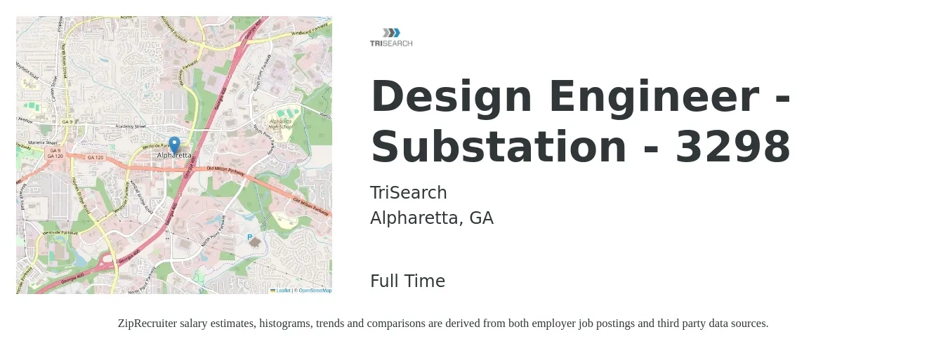 TriSearch job posting for a Design Engineer - Substation - 3298 in Alpharetta, GA with a salary of $95,100 to $121,100 Yearly with a map of Alpharetta location.