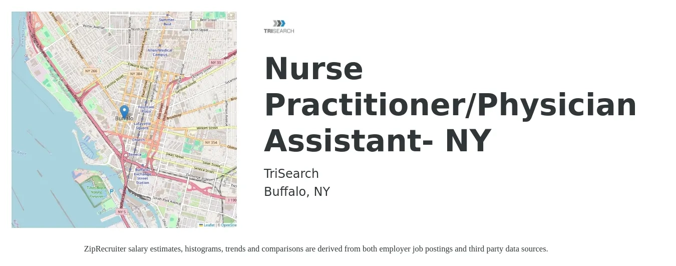 TriSearch job posting for a Nurse Practitioner/Physician Assistant- NY in Buffalo, NY with a salary of $105,600 to $136,600 Yearly with a map of Buffalo location.