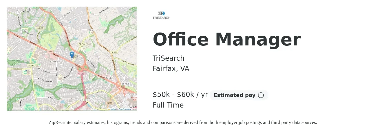 TriSearch job posting for a Office Manager in Fairfax, VA with a salary of $50,000 to $60,000 Yearly with a map of Fairfax location.