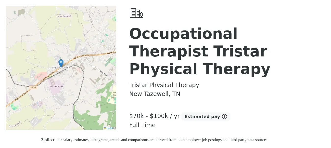 Tristar Physical Therapy job posting for a Occupational Therapist Tristar Physical Therapy in New Tazewell, TN with a salary of $70,000 to $100,000 Yearly with a map of New Tazewell location.