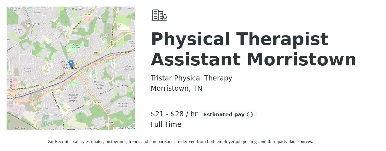 Tristar Physical Therapy job posting for a Physical Therapist Assistant Morristown in Morristown, TN with a salary of $22 to $30 Hourly with a map of Morristown location.