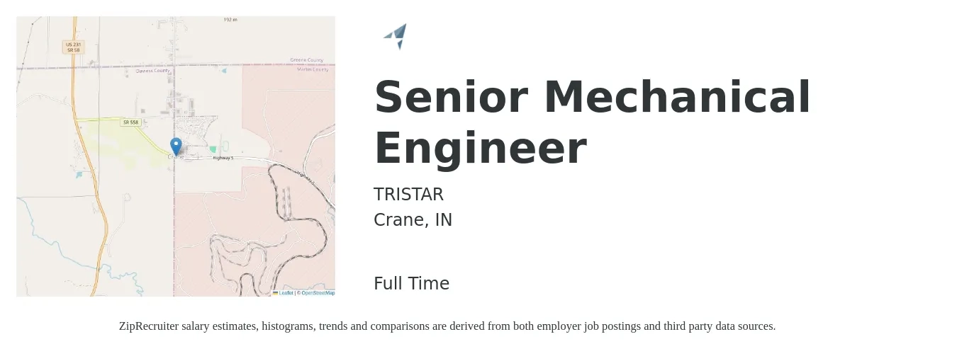 TRISTAR job posting for a Senior Mechanical Engineer in Crane, IN with a salary of $104,500 to $137,900 Yearly with a map of Crane location.