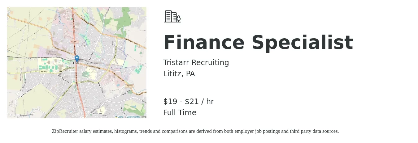 Tristarr Recruiting job posting for a Finance Specialist in Lititz, PA with a salary of $20 to $22 Hourly with a map of Lititz location.