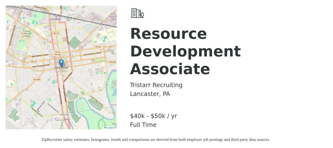 Tristarr Recruiting job posting for a Resource Development Associate in Lancaster, PA with a salary of $40,000 to $50,000 Yearly with a map of Lancaster location.