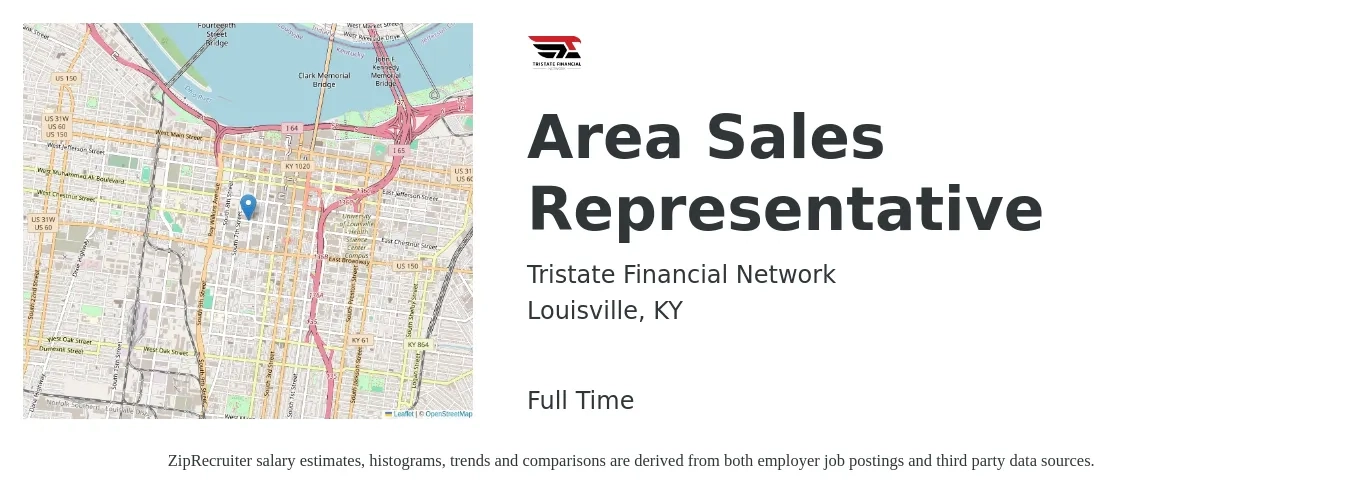 Tristate Financial Network job posting for a Area Sales Representative in Louisville, KY with a salary of $48,500 to $88,900 Yearly with a map of Louisville location.