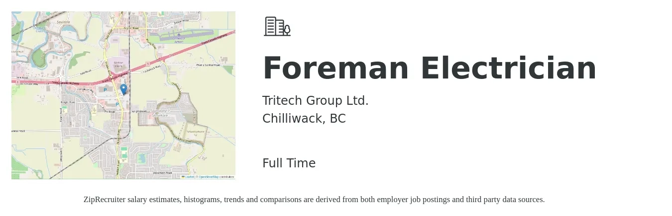 Tritech Group Ltd. job posting for a Foreman Electrician in Chilliwack, BC with a map of Chilliwack location.