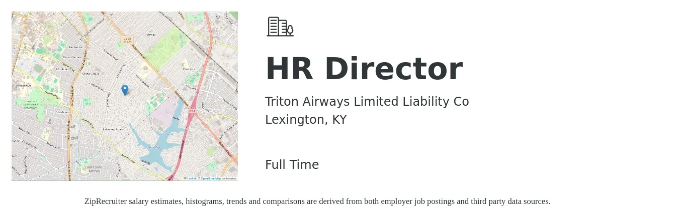 Triton Airways Limited Liability Co job posting for a HR Director in Lexington, KY with a salary of $87,200 to $134,500 Yearly with a map of Lexington location.
