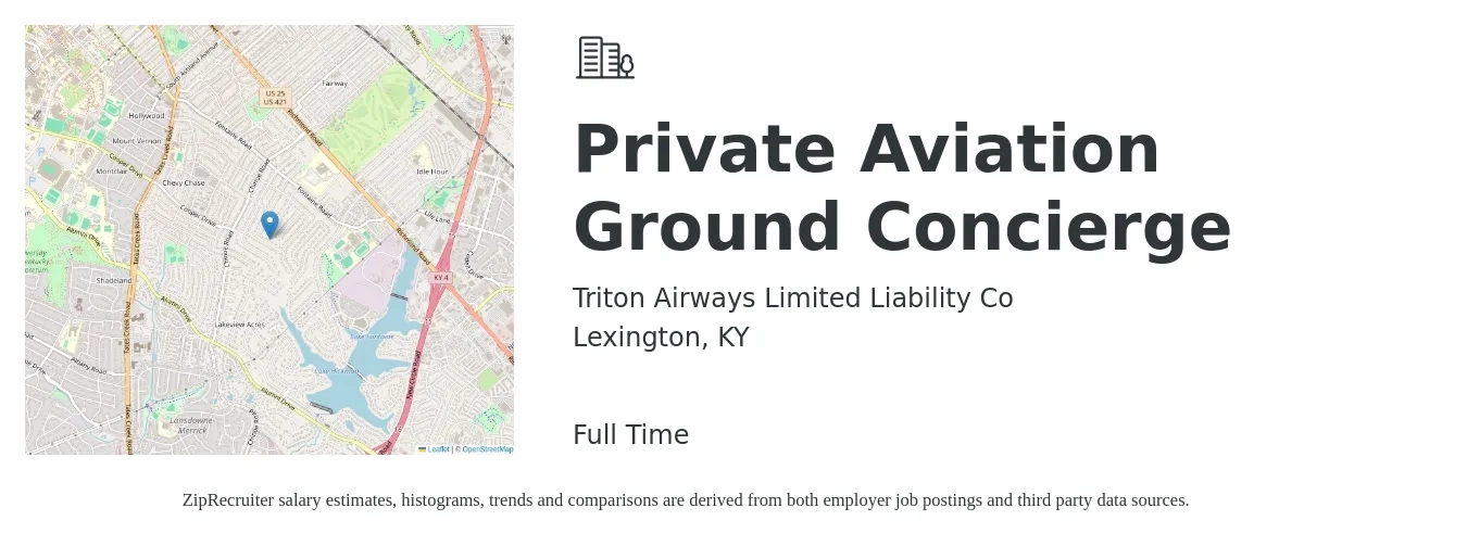 Triton Airways Limited Liability Co job posting for a Private Aviation Ground Concierge in Lexington, KY with a salary of $15 to $20 Hourly with a map of Lexington location.