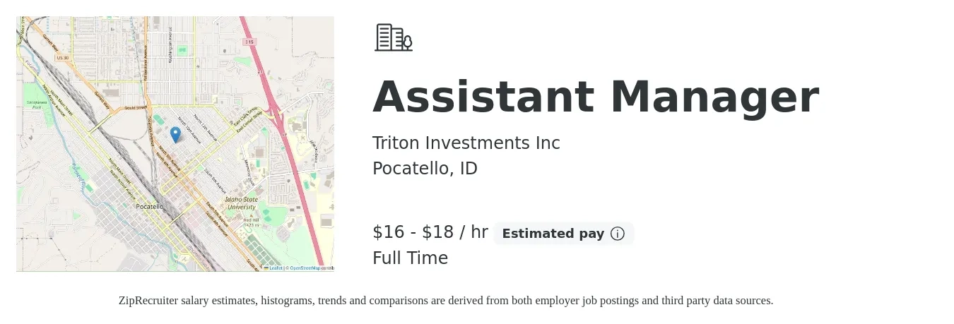 Triton Investments Inc job posting for a Assistant Manager in Pocatello, ID with a salary of $17 to $19 Hourly with a map of Pocatello location.