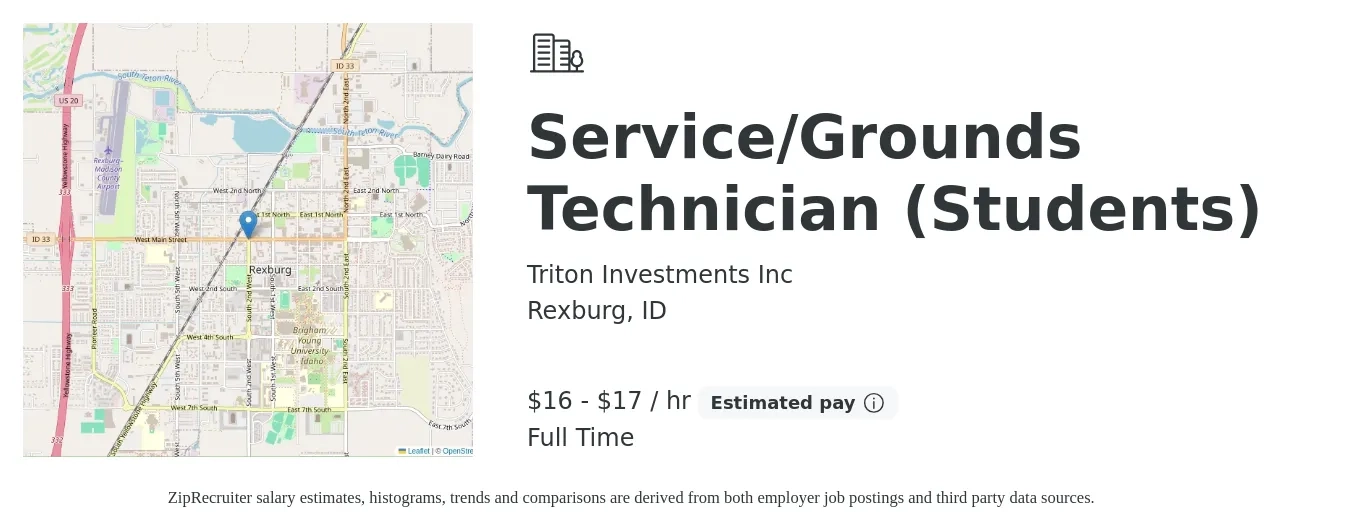 Triton Investments Inc job posting for a Service/Grounds Technician (Students) in Rexburg, ID with a salary of $17 to $18 Hourly with a map of Rexburg location.