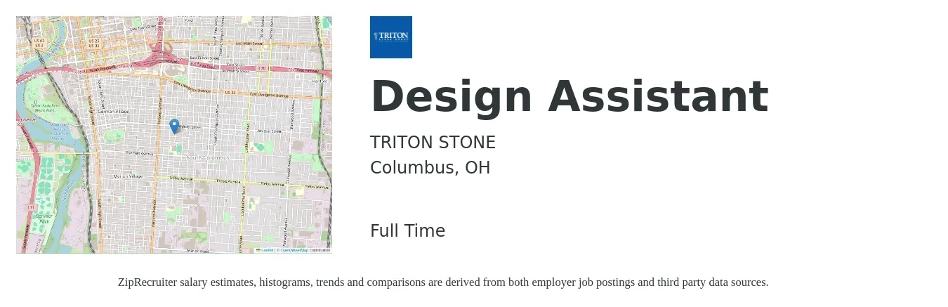 TRITON STONE job posting for a Design Assistant in Columbus, OH with a salary of $19 to $29 Hourly with a map of Columbus location.