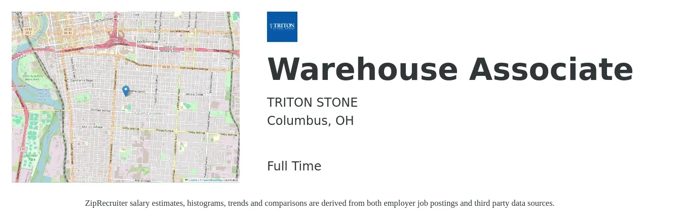 TRITON STONE job posting for a Warehouse Associate in Columbus, OH with a salary of $16 to $18 Hourly with a map of Columbus location.