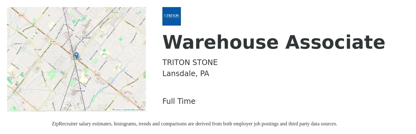 TRITON STONE job posting for a Warehouse Associate in Lansdale, PA with a salary of $16 to $18 Hourly with a map of Lansdale location.