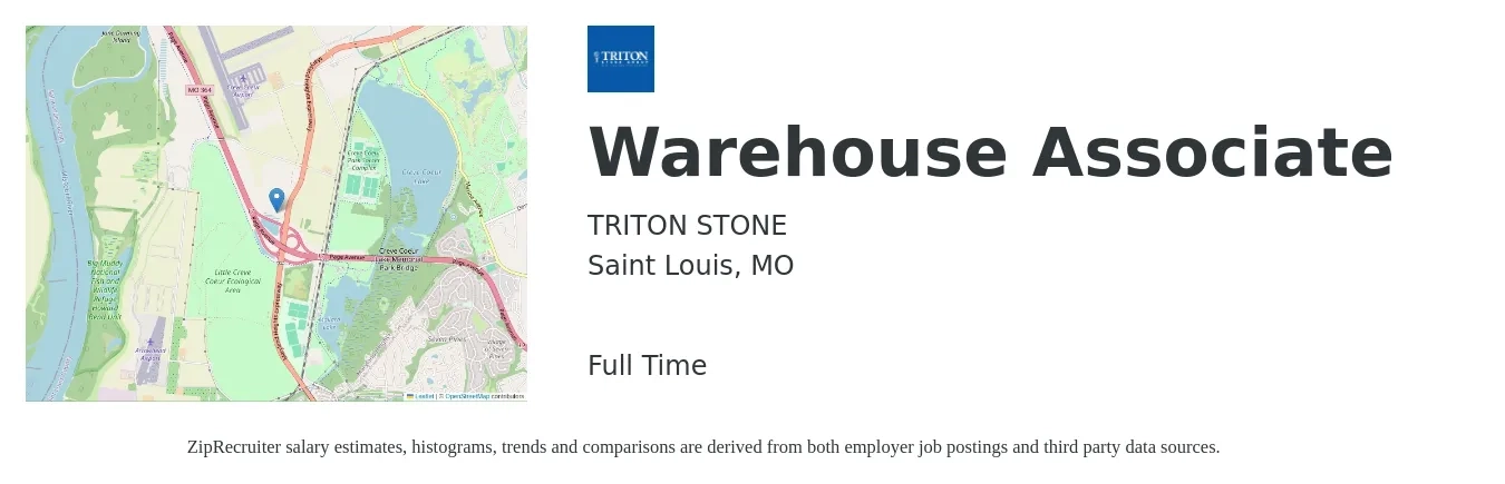 TRITON STONE job posting for a Warehouse Associate in Saint Louis, MO with a salary of $15 to $18 Hourly with a map of Saint Louis location.