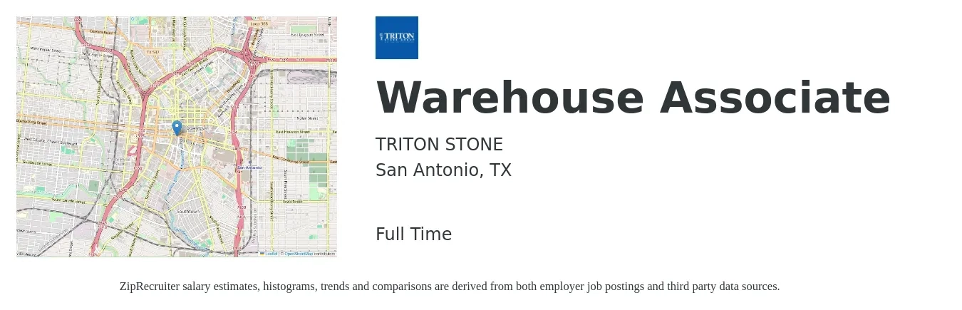 TRITON STONE job posting for a Warehouse Associate in San Antonio, TX with a salary of $14 to $17 Hourly with a map of San Antonio location.