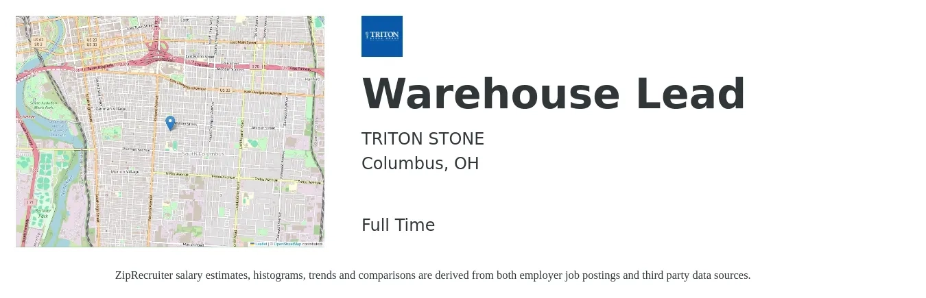 TRITON STONE job posting for a Warehouse Lead in Columbus, OH with a salary of $18 to $22 Hourly with a map of Columbus location.