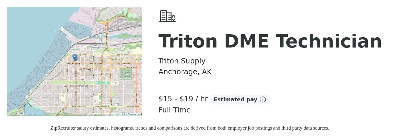 Triton Supply job posting for a Triton DME Technician in Anchorage, AK with a salary of $16 to $20 Hourly with a map of Anchorage location.