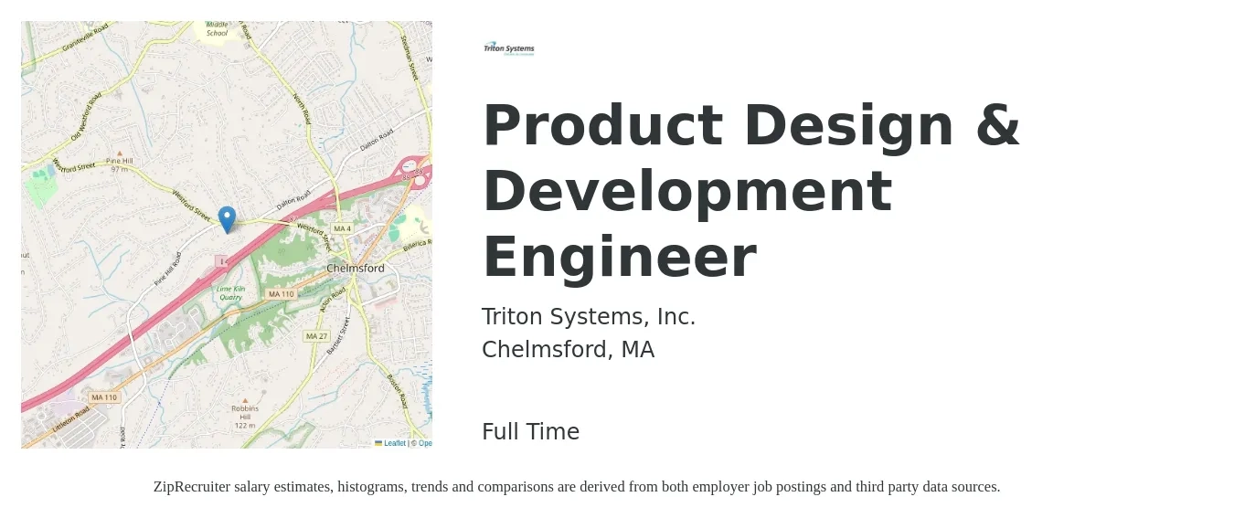 Triton Systems, Inc. job posting for a Product Design & Development Engineer in Chelmsford, MA with a salary of $134,000 to $161,000 Yearly with a map of Chelmsford location.