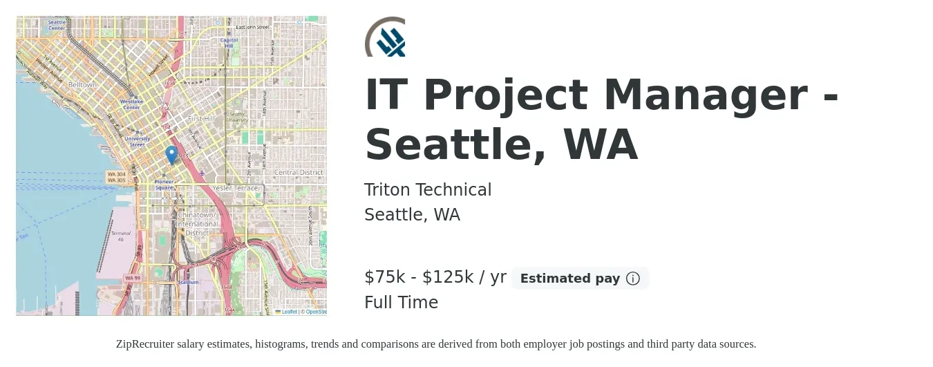 Triton Technical job posting for a IT Project Manager - Seattle, WA in Seattle, WA with a salary of $112,100 to $132,600 Yearly with a map of Seattle location.