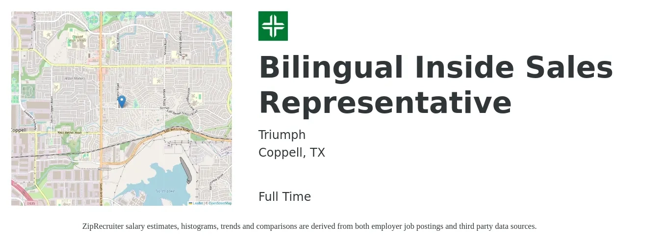 Triumph job posting for a Bilingual Inside Sales Representative in Coppell, TX with a salary of $18 to $24 Hourly with a map of Coppell location.