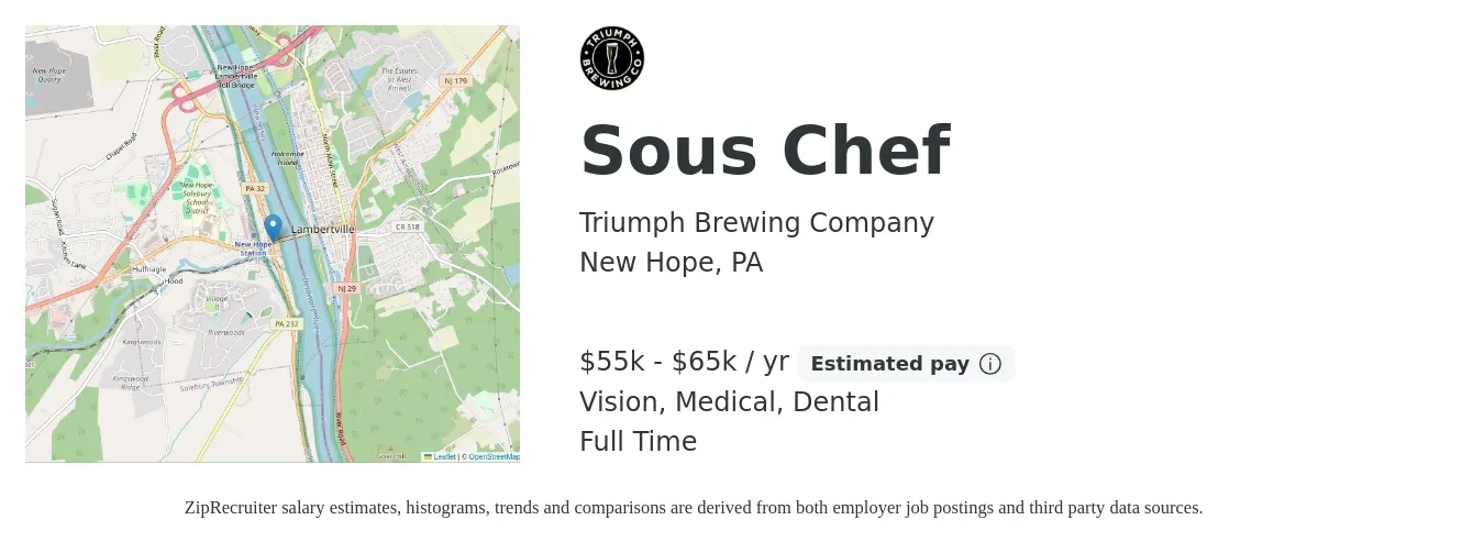 Triumph Brewing Company job posting for a Sous Chef in New Hope, PA with a salary of $55,000 to $65,000 Yearly and benefits including dental, medical, retirement, and vision with a map of New Hope location.